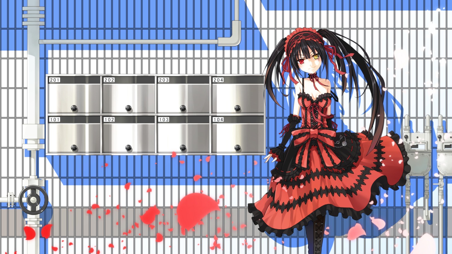 cleavage, date_a_live, dress, gothic_lolita, heterochromia, lolita_fashion, tokisaki_kurumi, wallpaper, yuragi_(amriel)