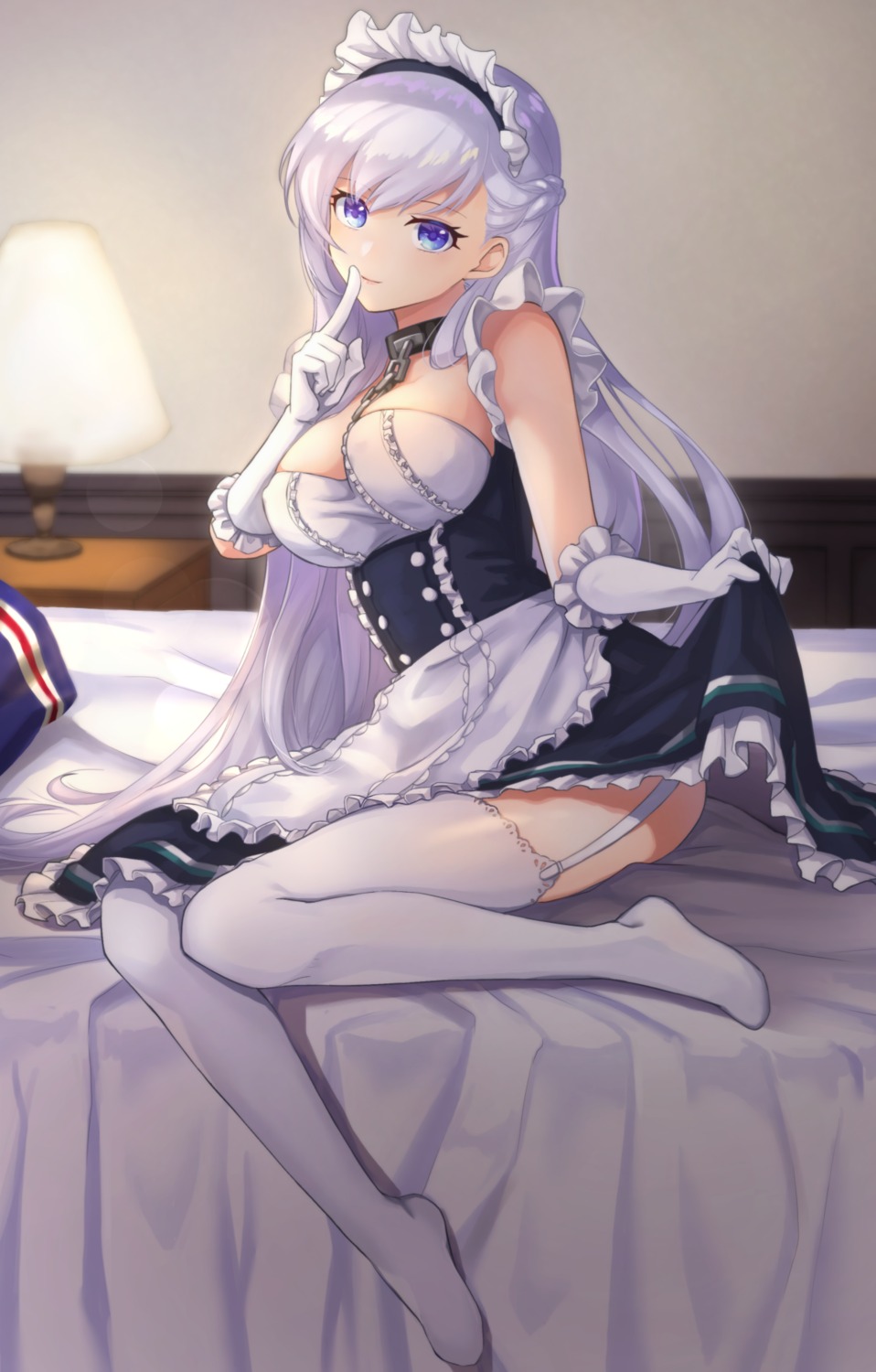 azur_lane, belfast_(azur_lane), kon_(k0n16), maid, skirt_lift, stockings, thighhighs