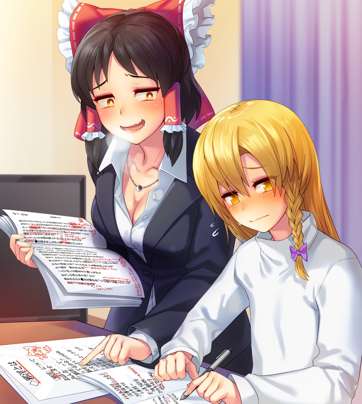 business_suit, cleavage, hakurei_reimu, kirisame_marisa, tarmo, touhou
