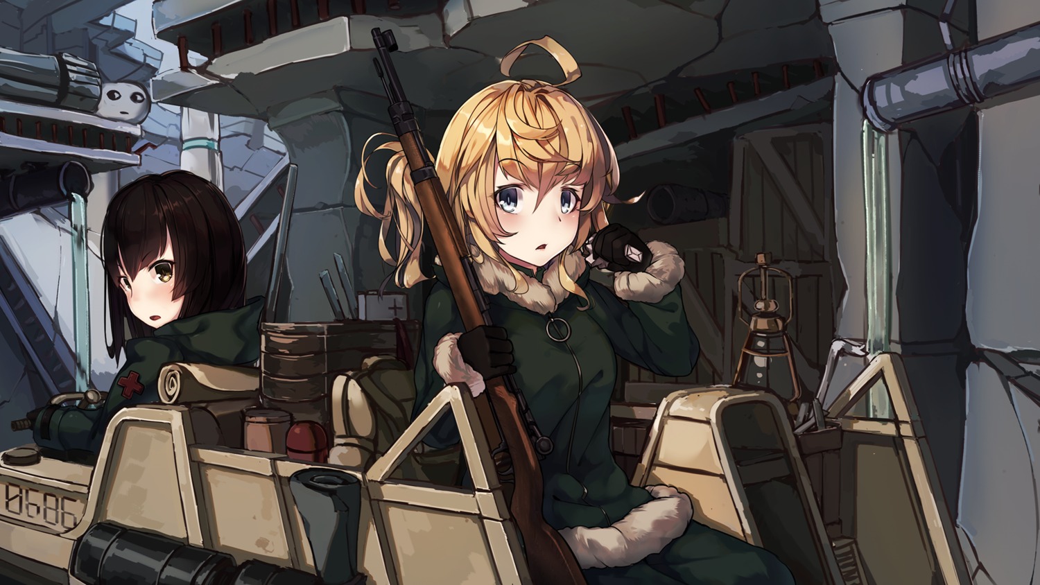 chito_(shoujo_shuumatsu_ryokou), gun, natori_youkai, shoujo_shuumatsu_ryokou, uniform, wallpaper, yuri_(shoujo_shuumatsu_ryokou)