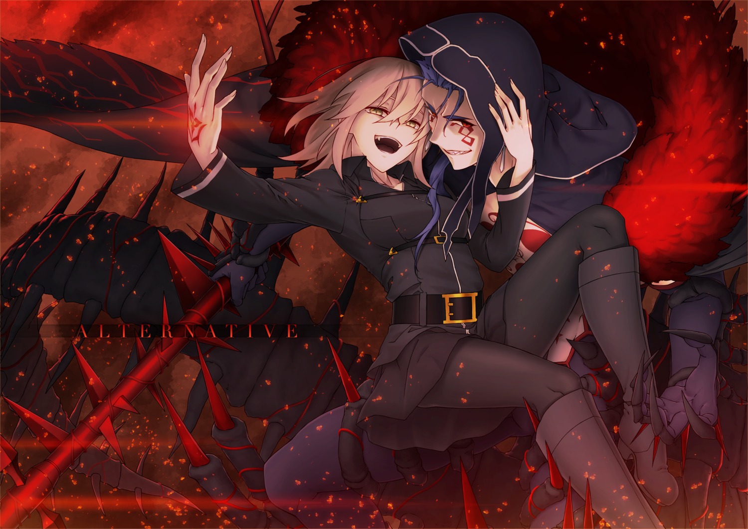 cu_chulainn_alter_(fate), fate/grand_order, flamma_aqua, fujimaru_ritsuka_(female), heels, pantyhose, tattoo