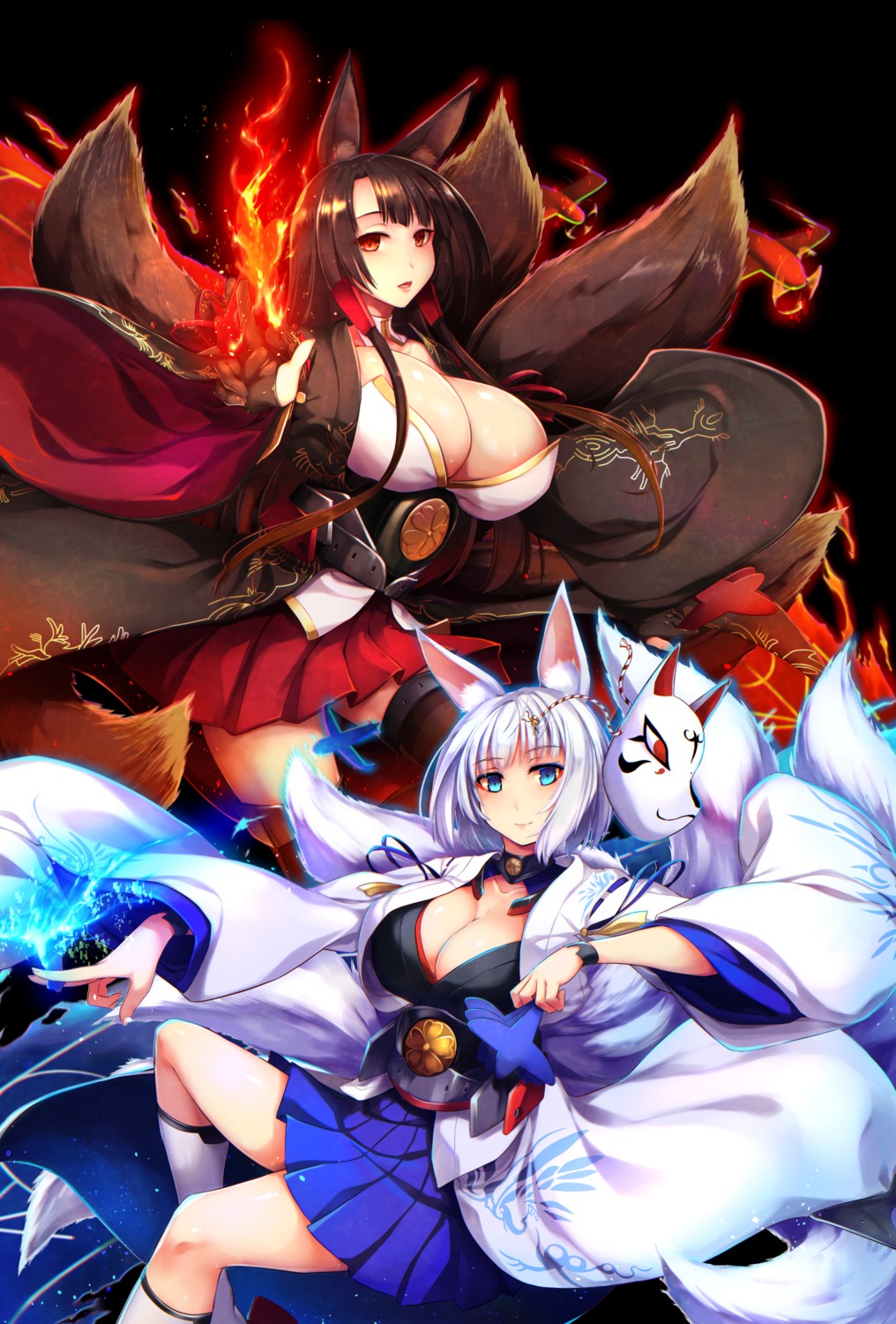 akagi_(azur_lane), animal_ears, azur_lane, cleavage, japanese_clothes, kaga_(azur_lane), kitsune, ouma_tokiichi