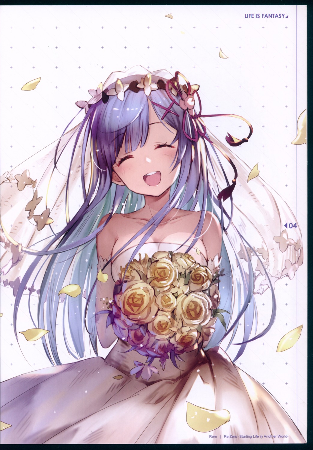 77gl, cleavage, color_issue, dress, nanaho_denko, re:zero_kara_hajimeru_isekai_seikatsu, rem_(re_zero), wedding_dress