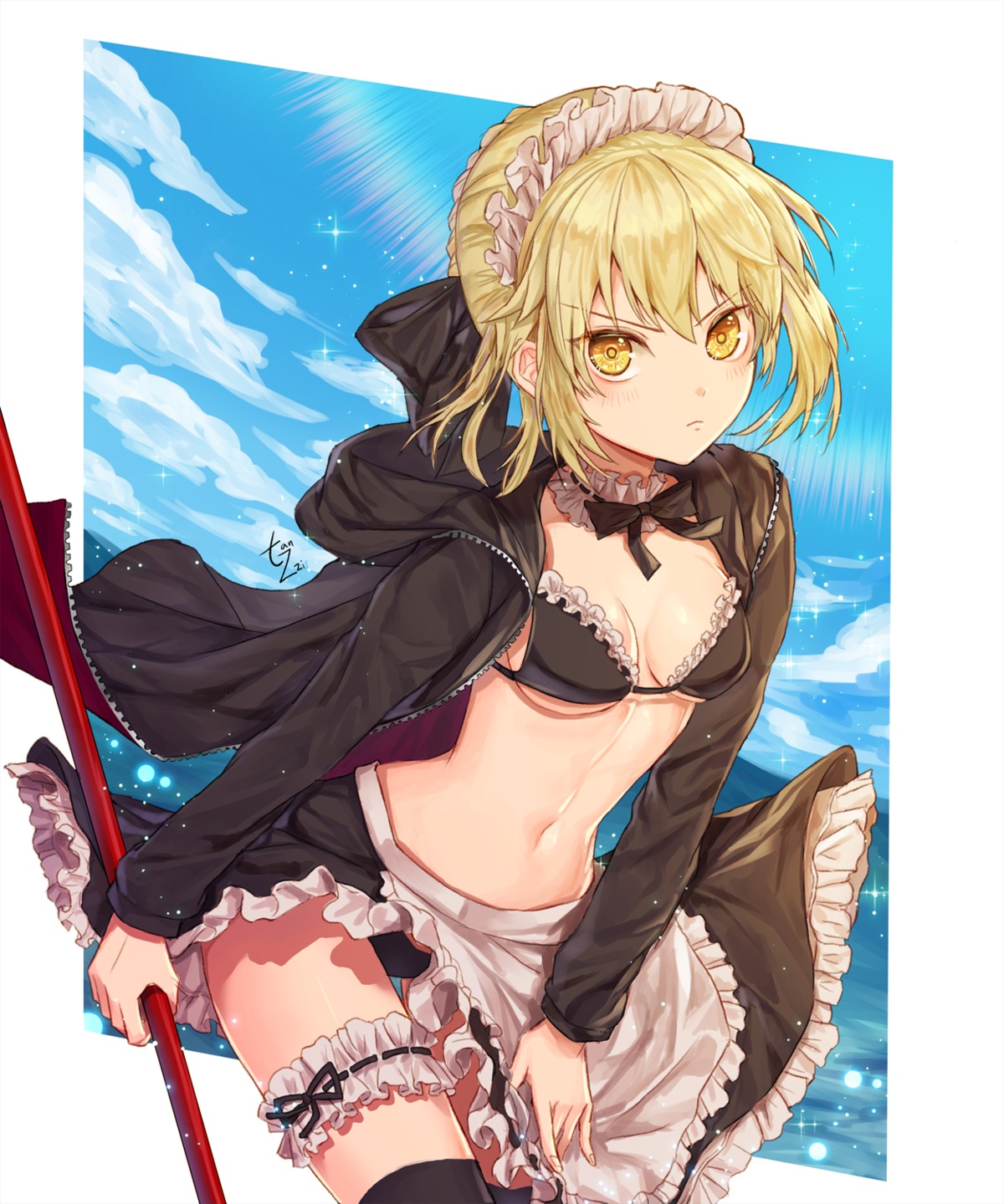 artoria_pendragon_(fate), artoria_pendragon_alter_(fate), bikini, cleavage, fate/grand_order, garter, maid, open_shirt, swimsuits, tanzzi, thighhighs, underboob, weapon