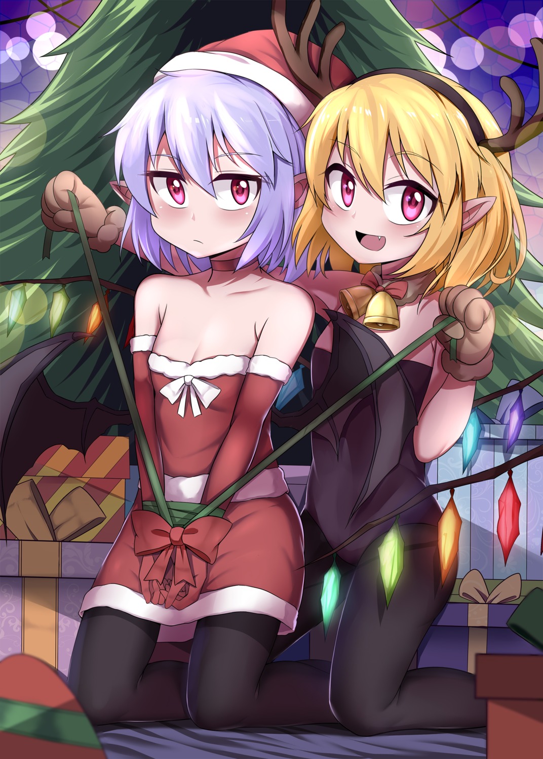 bondage, caibao, christmas, cleavage, dress, flandre_scarlet, horns, leotard