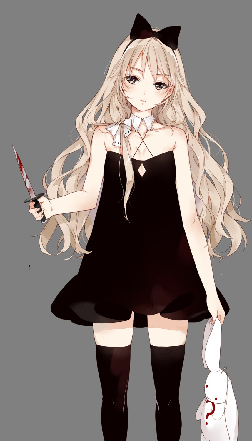 blood, cleavage, dress, starpri, thighhighs, weapon