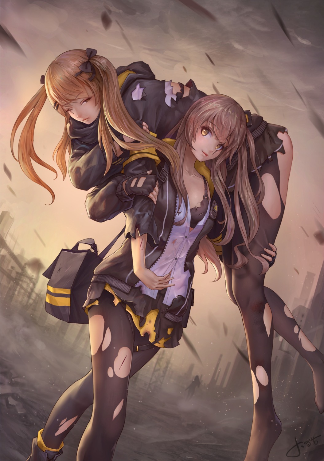 bra, girls_frontline, jay_xu, open_shirt, pantyhose, torn_clothes, ump45_(girls_frontline), ump9_(girls_frontline)