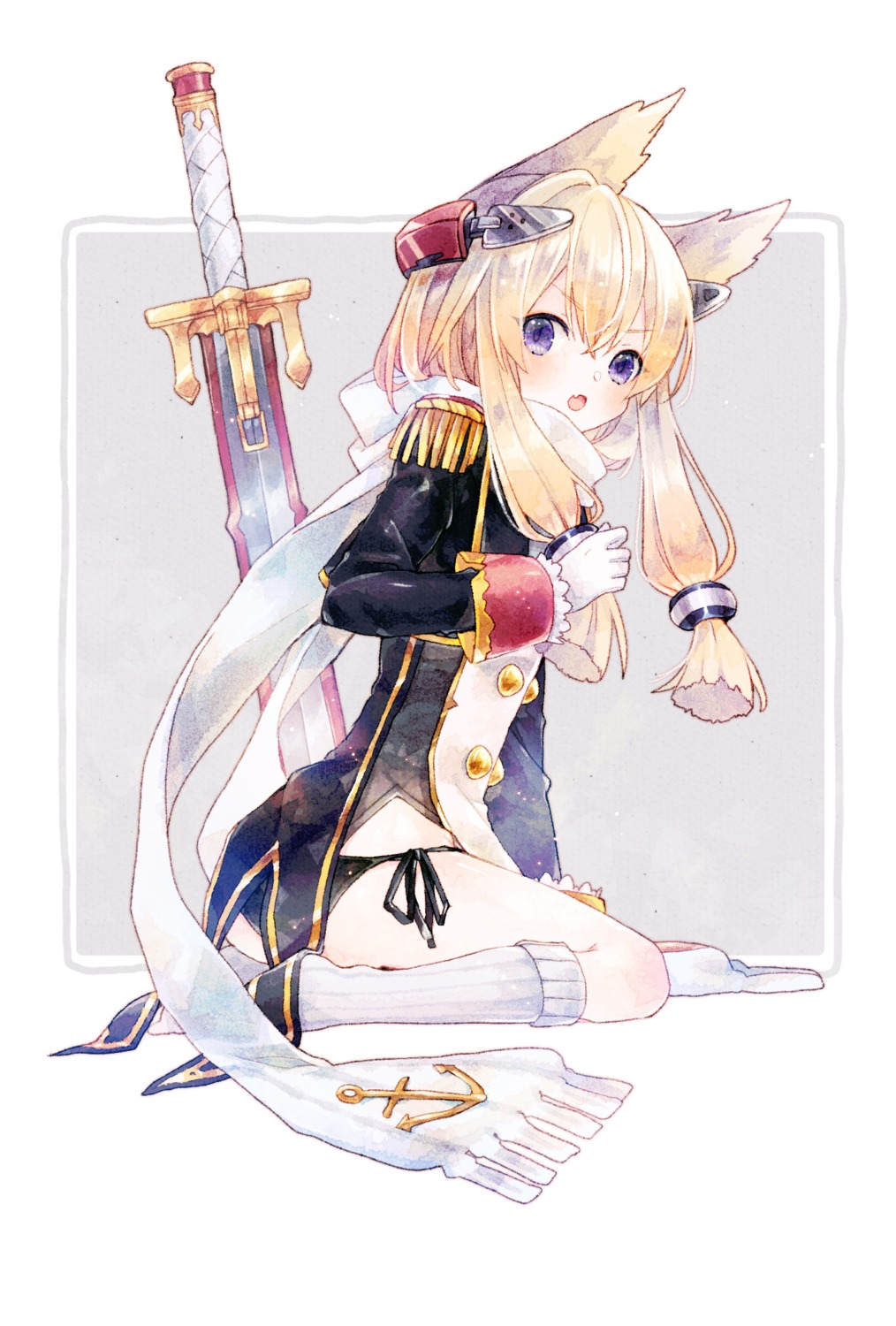 animal_ears, azur_lane, kikka_(kicca_choco), pantsu, string_panties, sword, uniform, warspite_(azur_lane)