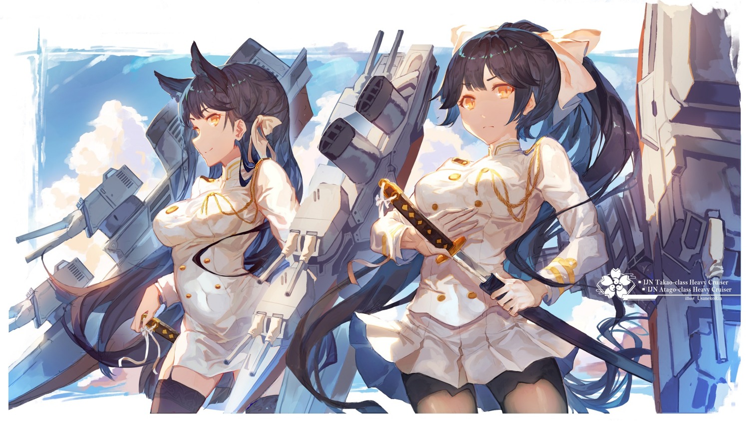 animal_ears, atago_(azur_lane), azur_lane, pantyhose, stockings, sword, takao_(azur_lane), thighhighs