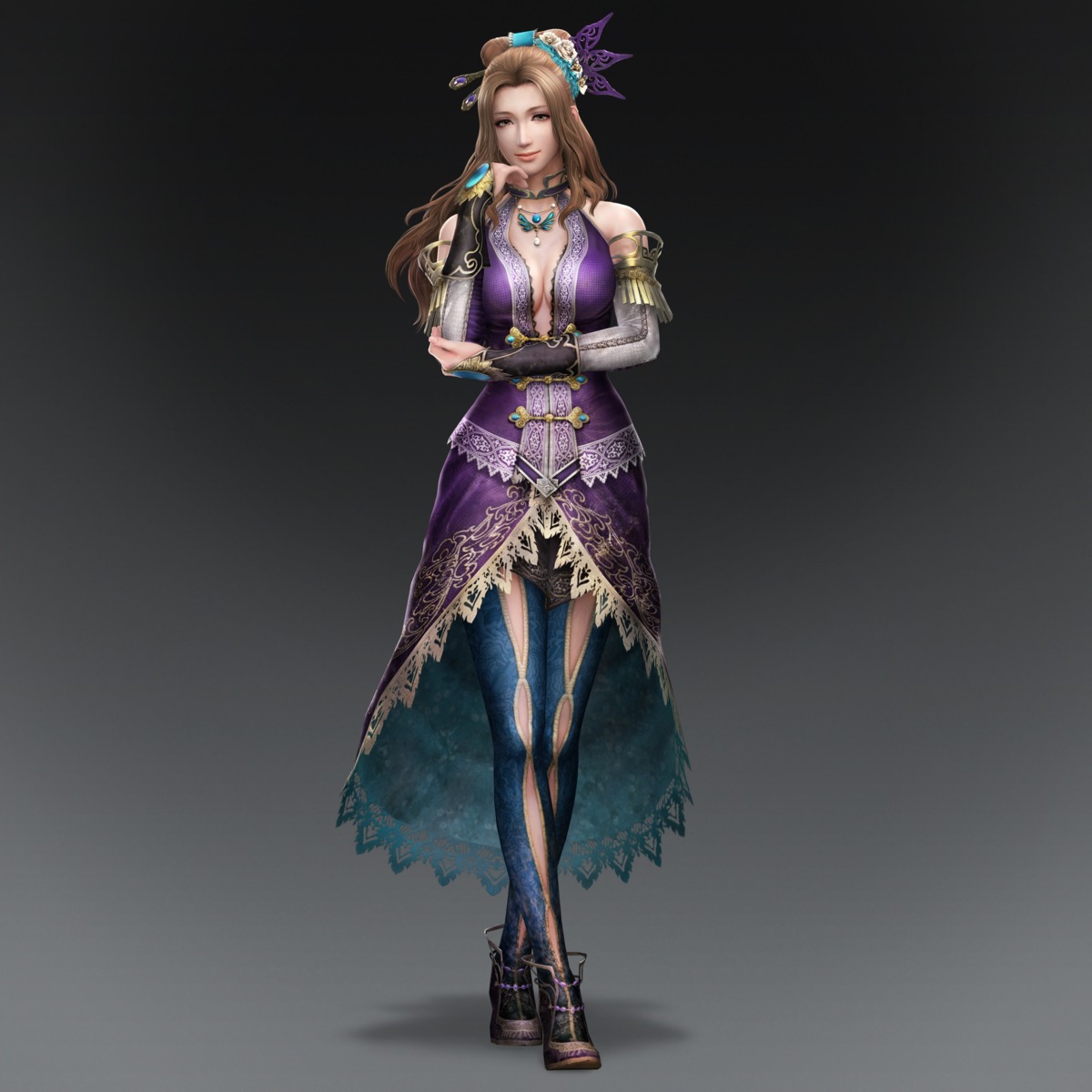 cg, cleavage, dress, dynasty_warriors, dynasty_warriors_8, heels, no_bra, pantyhose