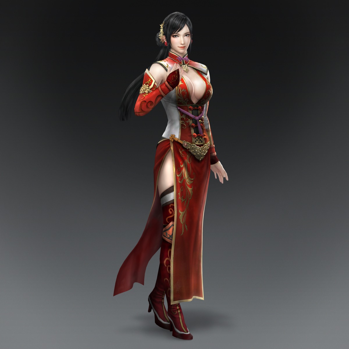 asian_clothes, cg, cleavage, dynasty_warriors, dynasty_warriors_8, heels, lian_shi, no_bra, thighhighs