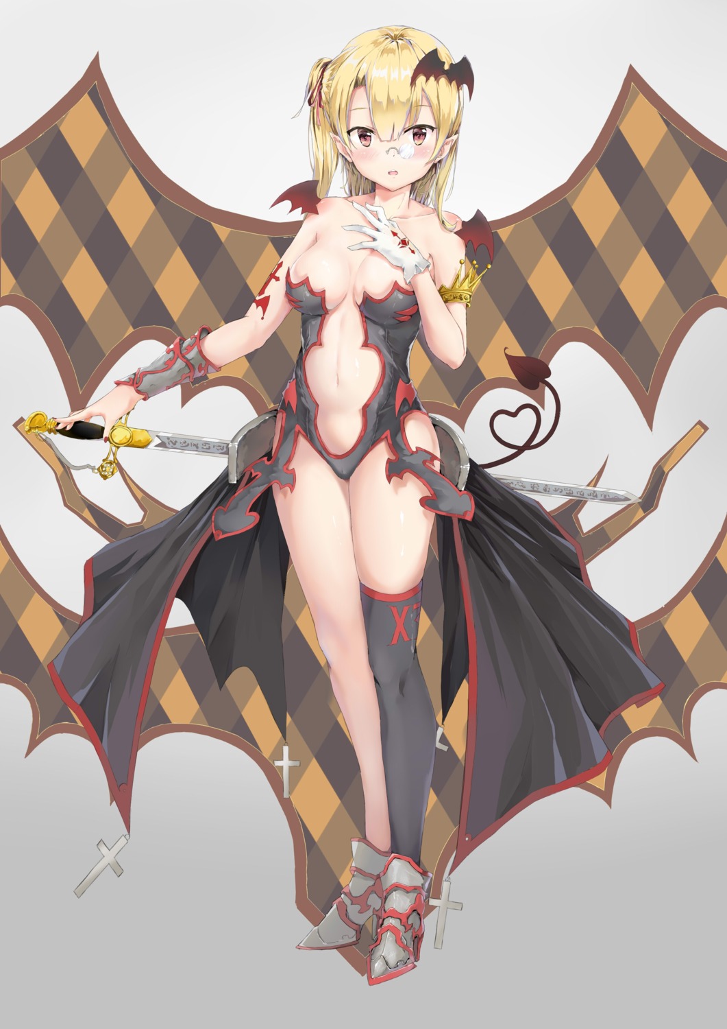 heels, megane, no_bra, pointy_ears, sword, tail, thighhighs, yizhibao