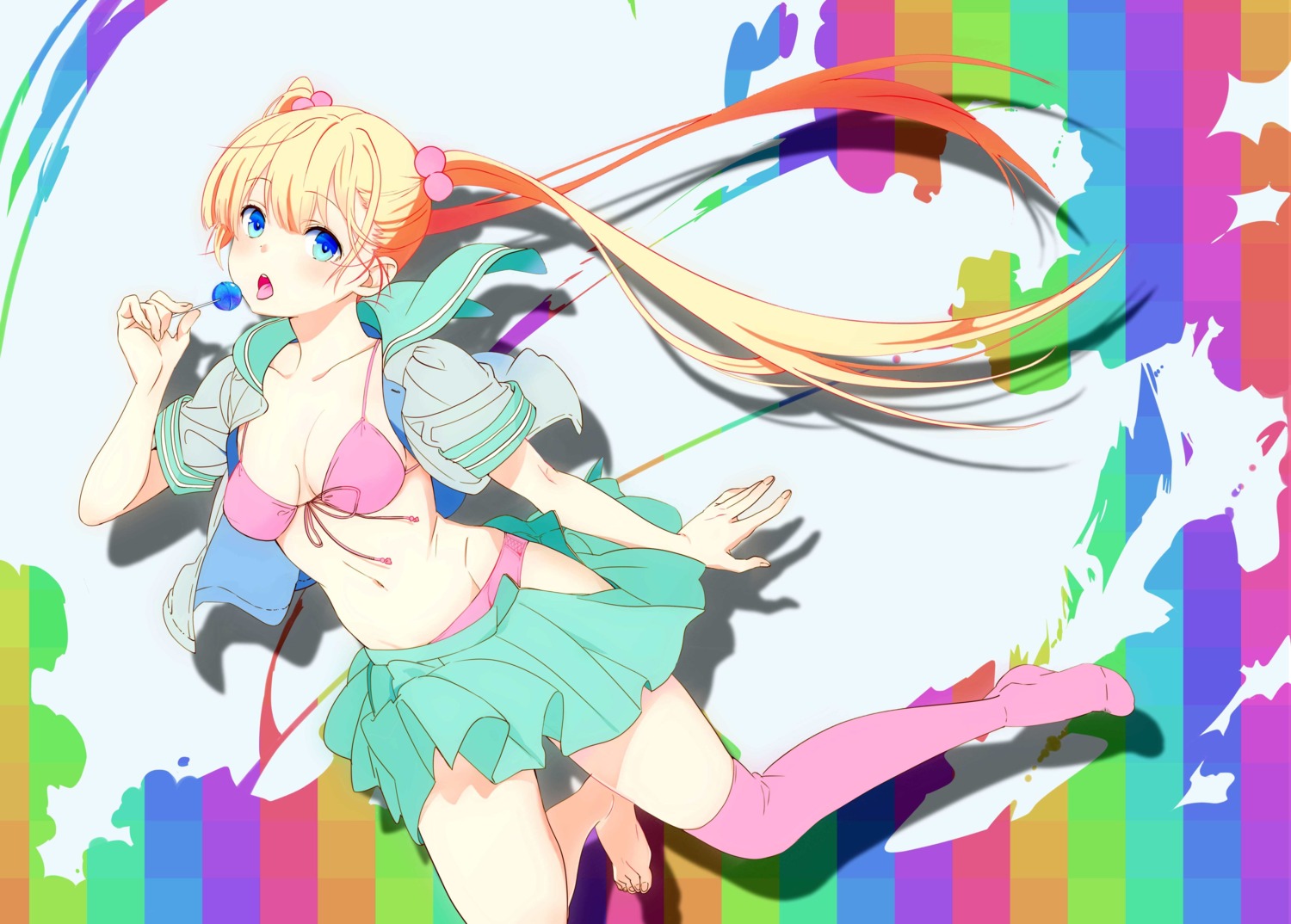 akiya_yukie, bra, cleavage, jpeg_artifacts, open_shirt, pantsu, seifuku, thighhighs