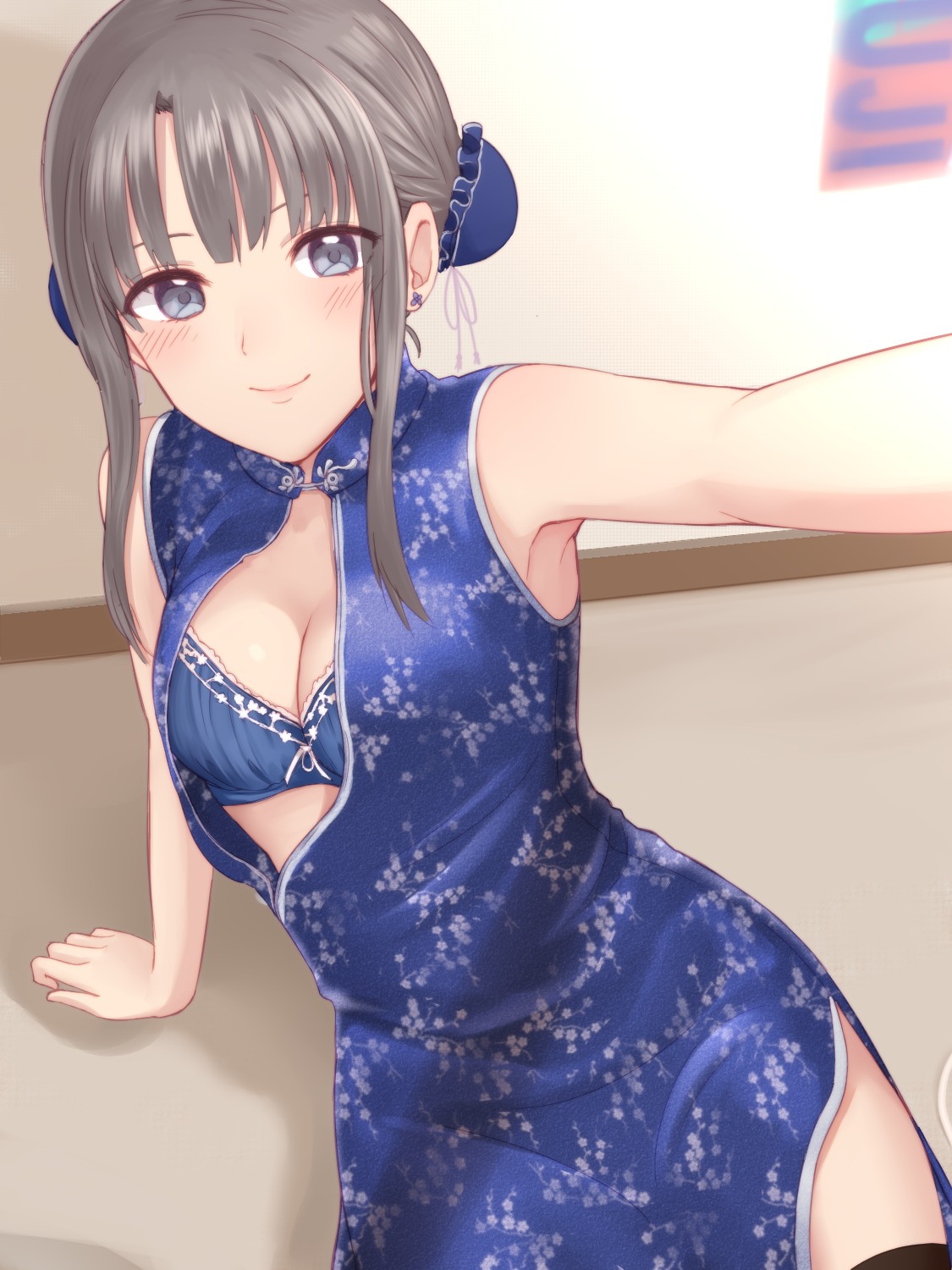 bra, chinadress, cleavage, monotiina, open_shirt, thighhighs