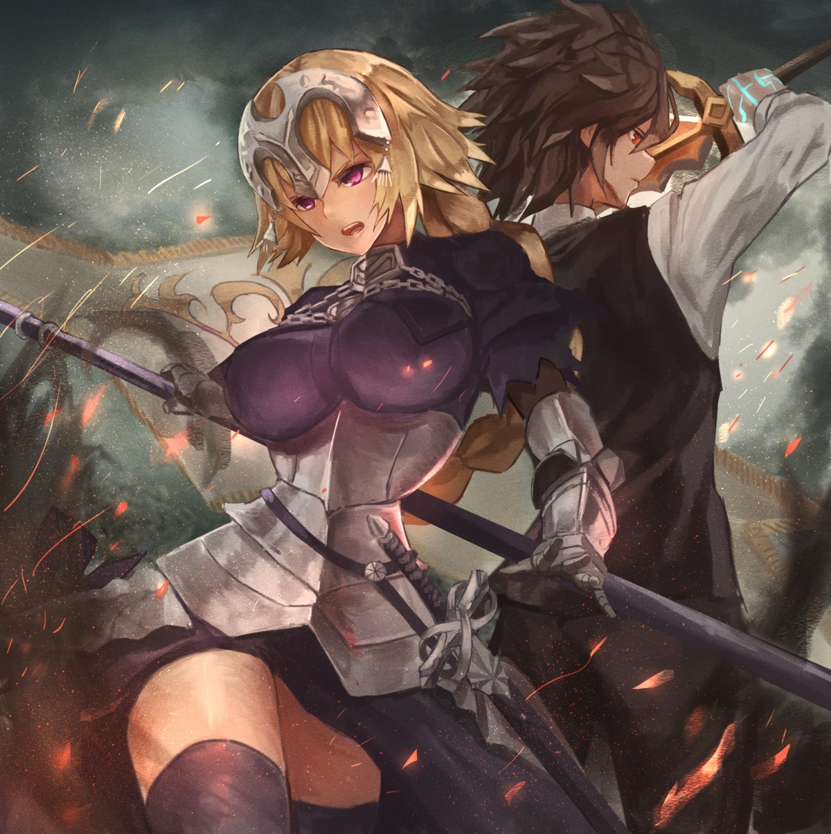 armor, fate/apocrypha, fate/stay_night, jeanne_d'arc, jeanne_d'arc_(fate), plaster_(2501), sieg_(fate/apocrypha), sword, thighhighs