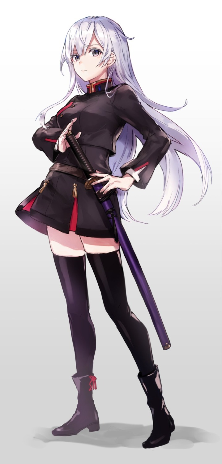 arisaka_ako, heels, sword, thighhighs, uniform
