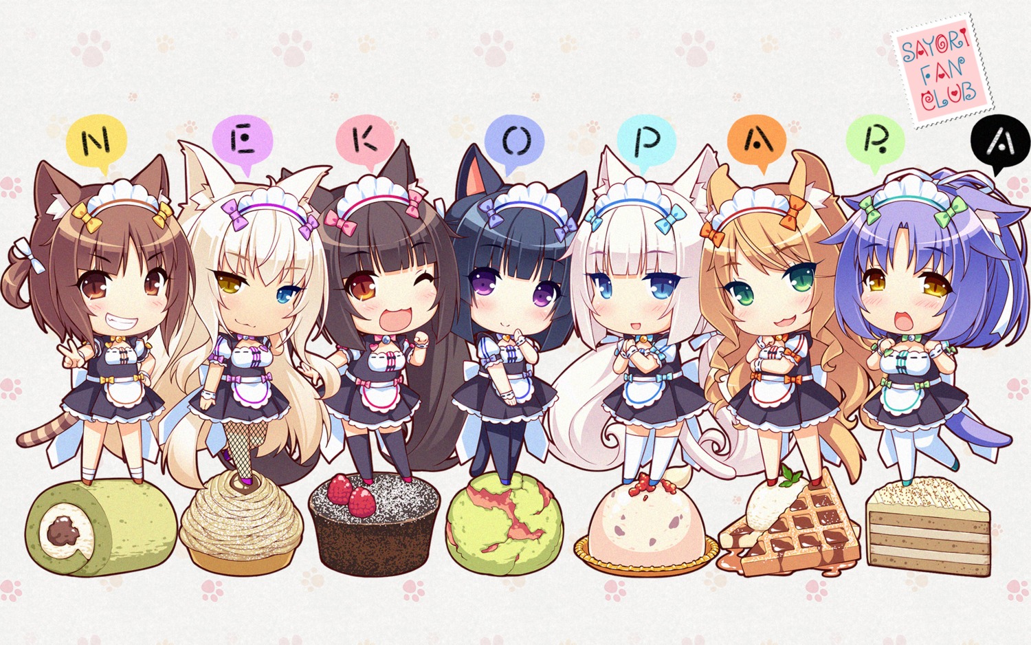 animal_ears, azuki, chibi, chocola, cinnamon_(nekopara), cleavage, coconut, fishnets