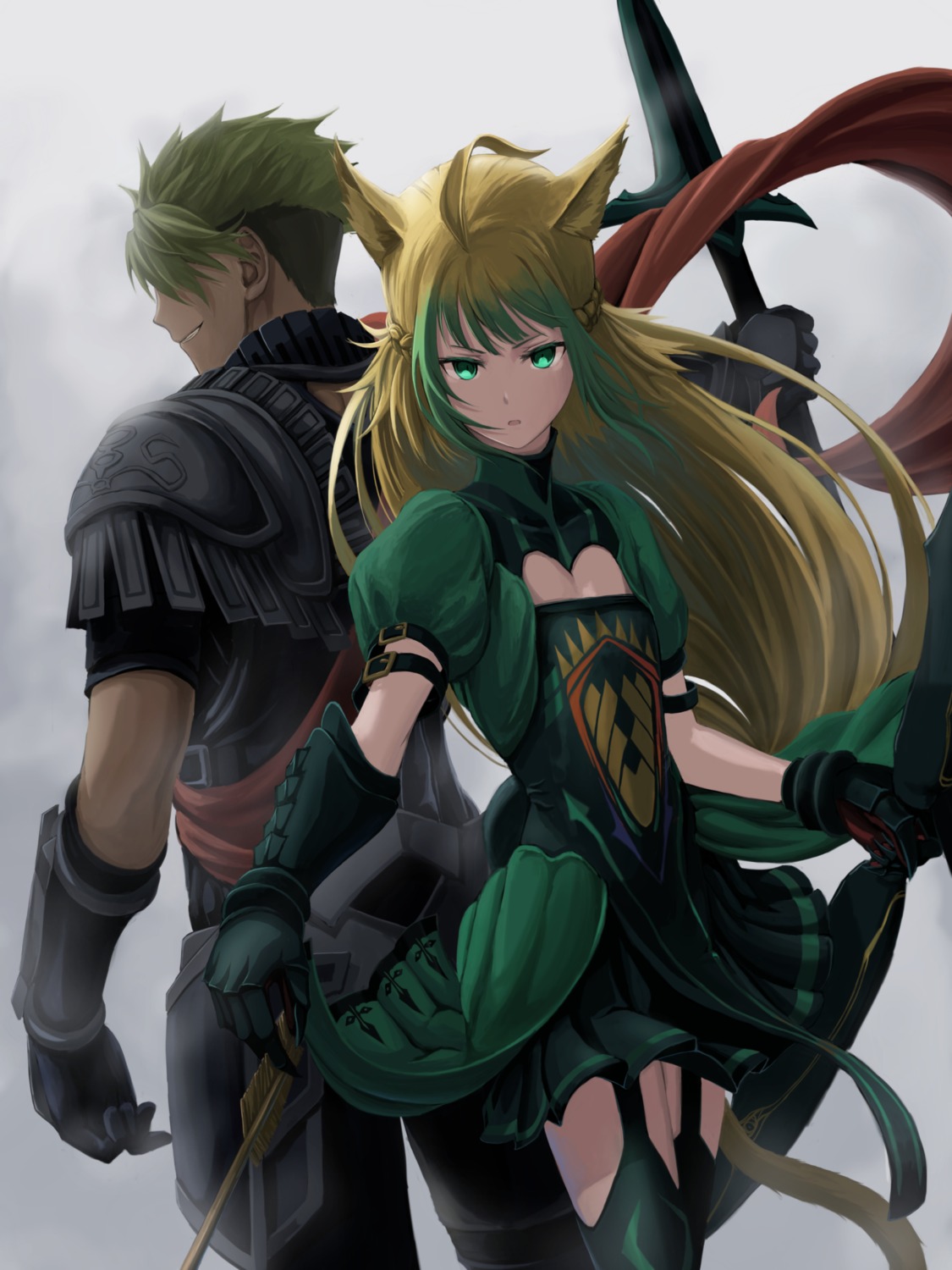 achilles_(fate), animal_ears, armor, atalanta_(fate), cleavage, dress, fate/apocrypha, fate/stay_night