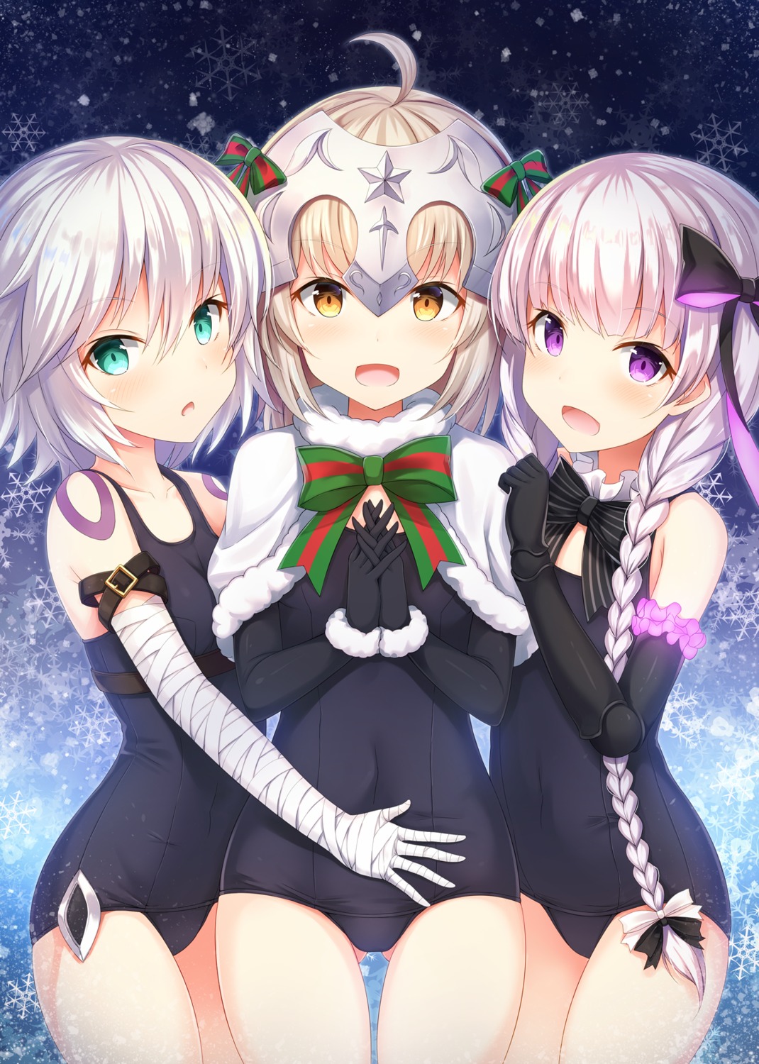 bandages, fate/grand_order, jack_the_ripper, jeanne_d'arc_alter_santa_lily, nursery_rhyme_(fate/extra), school_swimsuit, sunsuke, swimsuits, tattoo