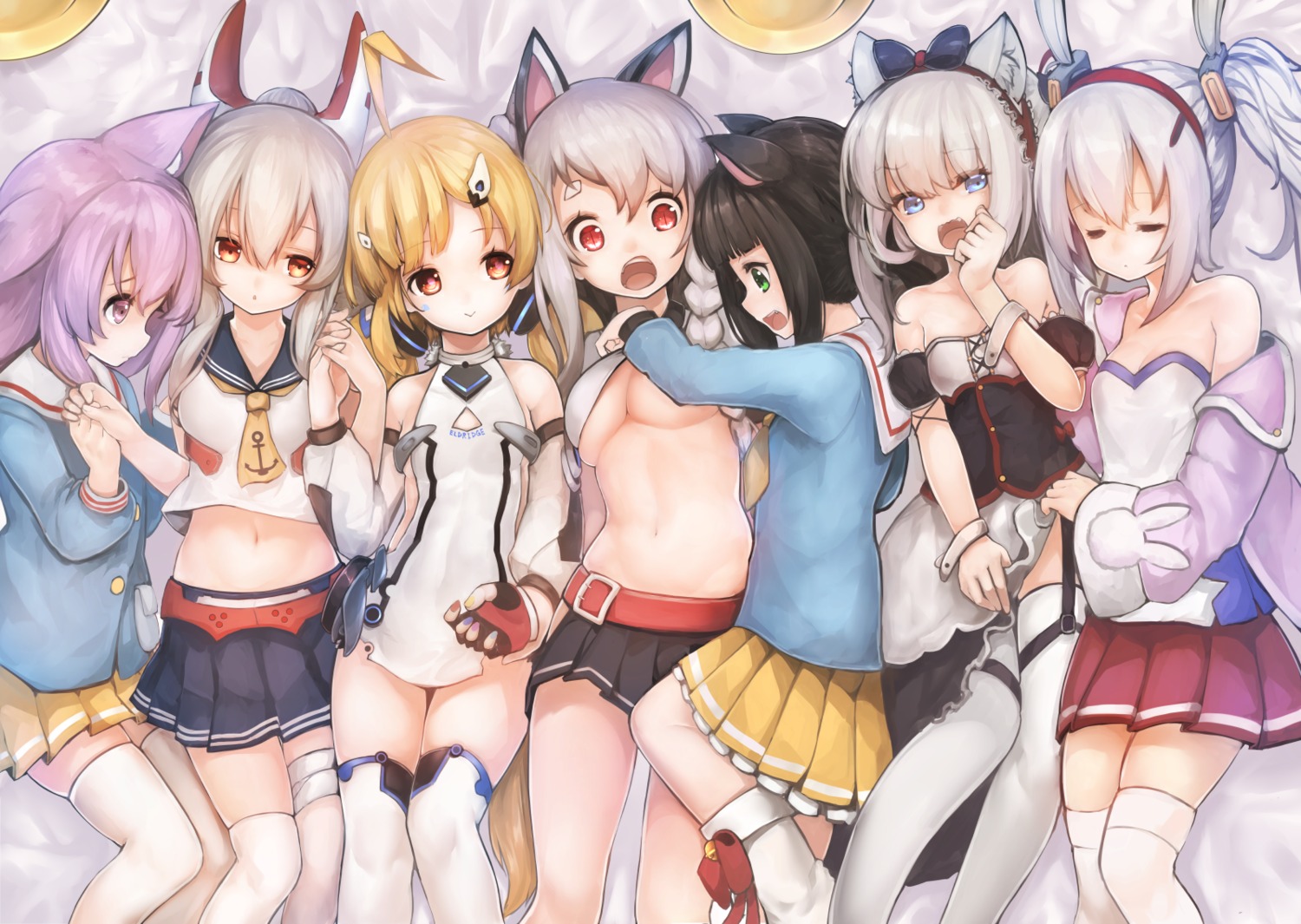 animal_ears, ayanami_(azur_lane), azur_lane, cleavage, eldridge_(azur_lane), hachachi, hammann_(azur_lane), kisaragi_(azur_lane), laffey_(azur_lane), mutsuki_(azur_lane), no_bra, seifuku, shirt_lift, skirt_lift, stockings, thighhighs, underboob, yuudachi_(azur_lane)