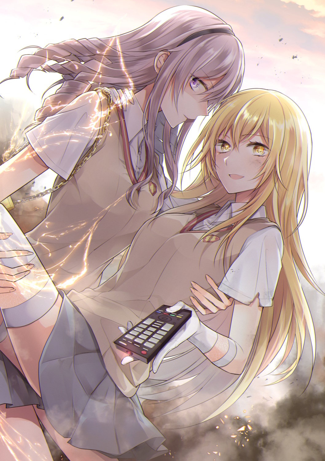 harukawa_you, hokaze_junko, seifuku, shokuhou_misaki, thighhighs, toaru_kagaku_no_railgun, toaru_majutsu_no_index, torn_clothes