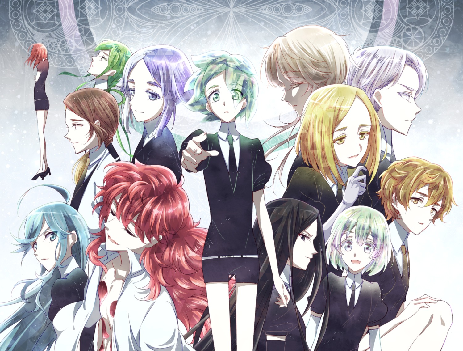 alexandrite, boltz_(houseki_no_kuni), cairngorm_(houseki_no_kuni), eteraito, euclase, ghost_quartz, heels, houseki_no_kuni, jade_(houseki_no_kuni), padparadscha, phosphophyllite, rutile_(houseki_no_kuni), yellow_diamond, zircon