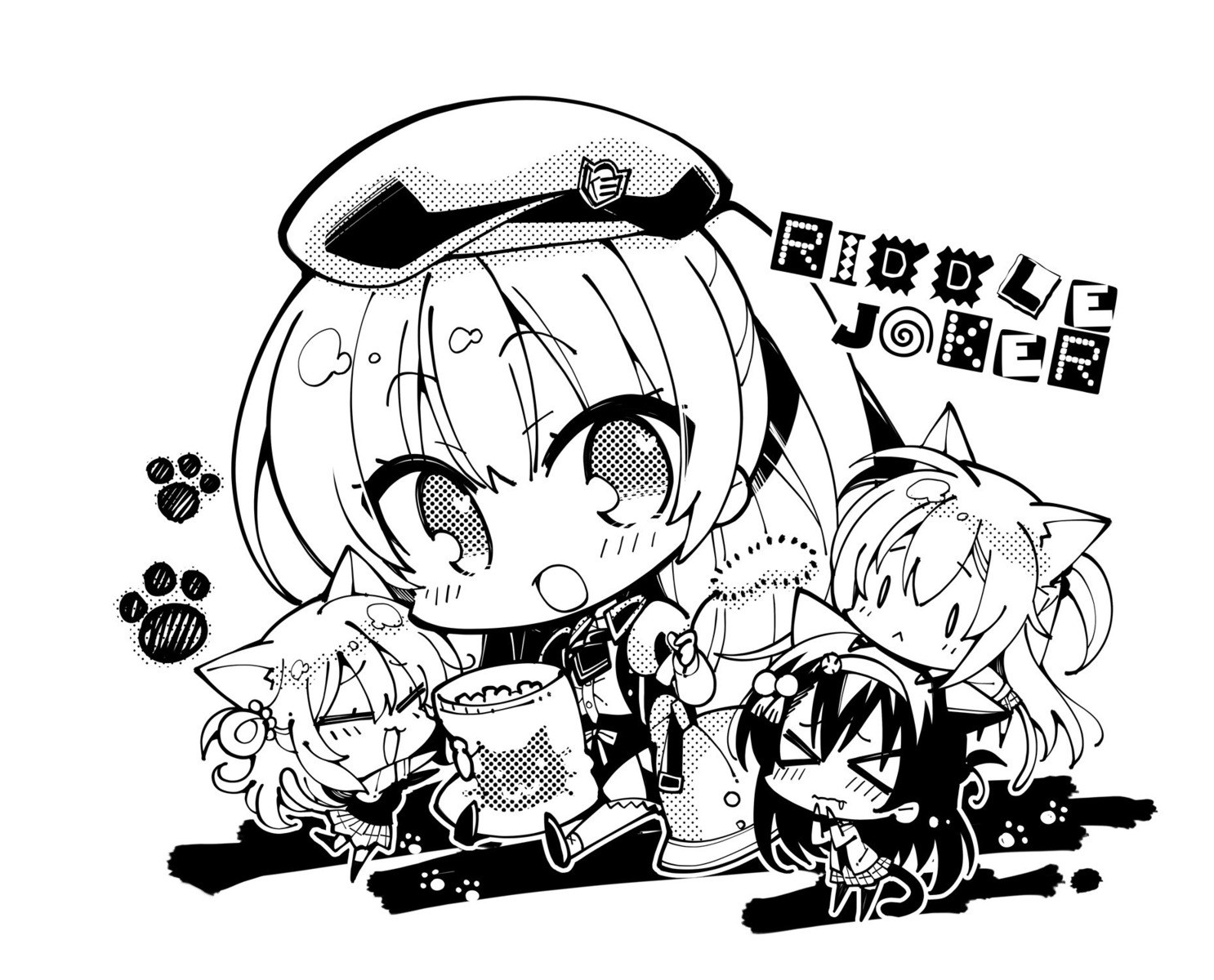 animal_ears, arihara_nanami, chibi, komowata_haruka, mitsukasa_ayase, monochrome, nekomimi, nijouin_hazuki