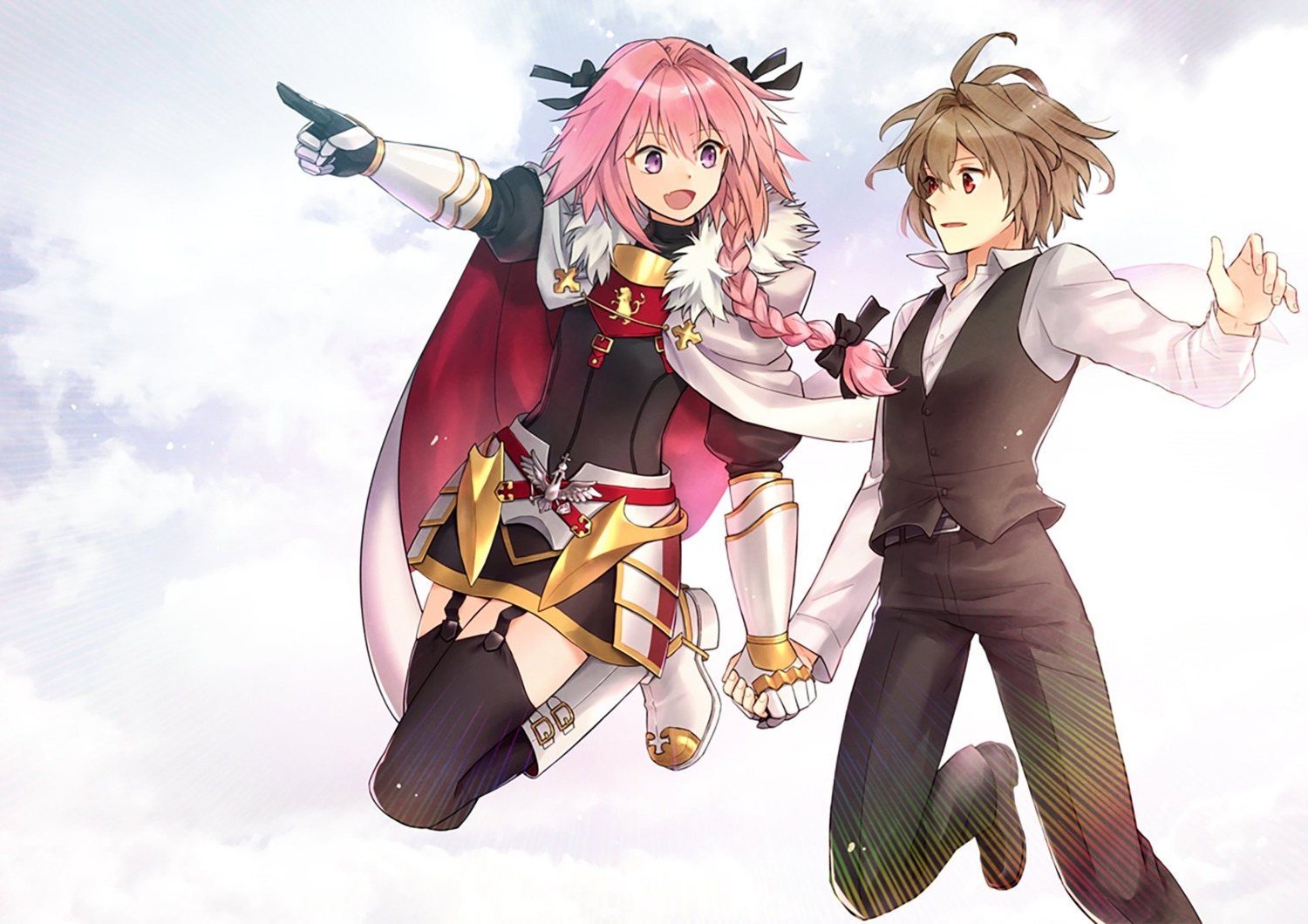 armor, astolfo_(fate), fate/apocrypha, fate/stay_night, niu_illuminator, sieg_(fate/apocrypha), stockings, thighhighs, trap