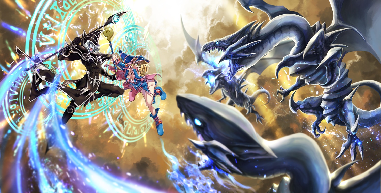 armor, blue_eyes_white_dragon, cleavage, dark_magician, dark_magician_girl, misaka_(missa), monster, nopan, weapon, yugioh