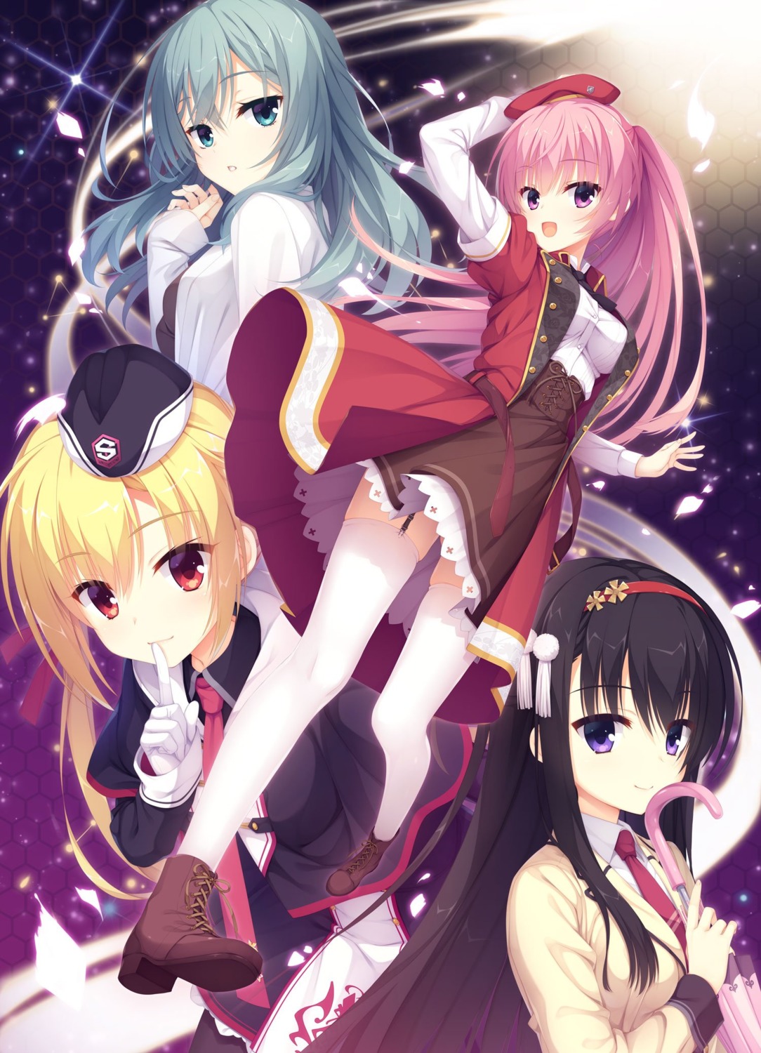 arihara_nanami, kobuichi, mitsukasa_ayase, muririn, nijouin_hazuki, riddle_joker, seifuku, shikibe_mayu, stockings, thighhighs, umbrella, uniform, yuzu-soft