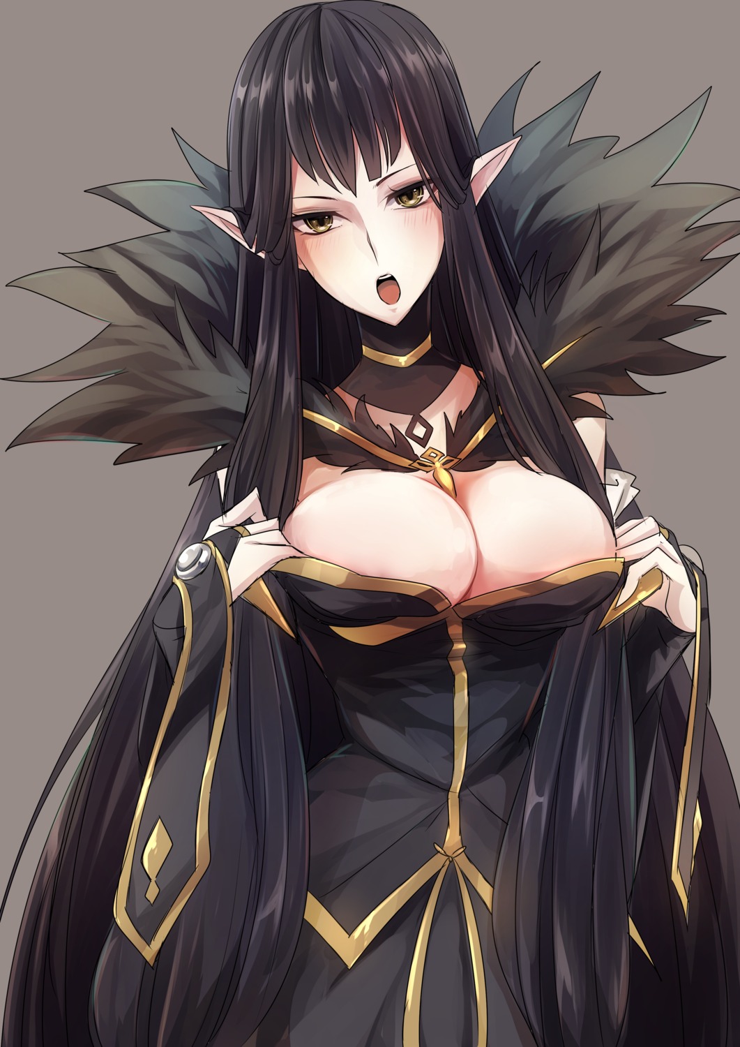 butano_(star-dust_boxxx), cleavage, dress, fate/apocrypha, fate/stay_night, open_shirt, pointy_ears, semiramis_(fate), undressing