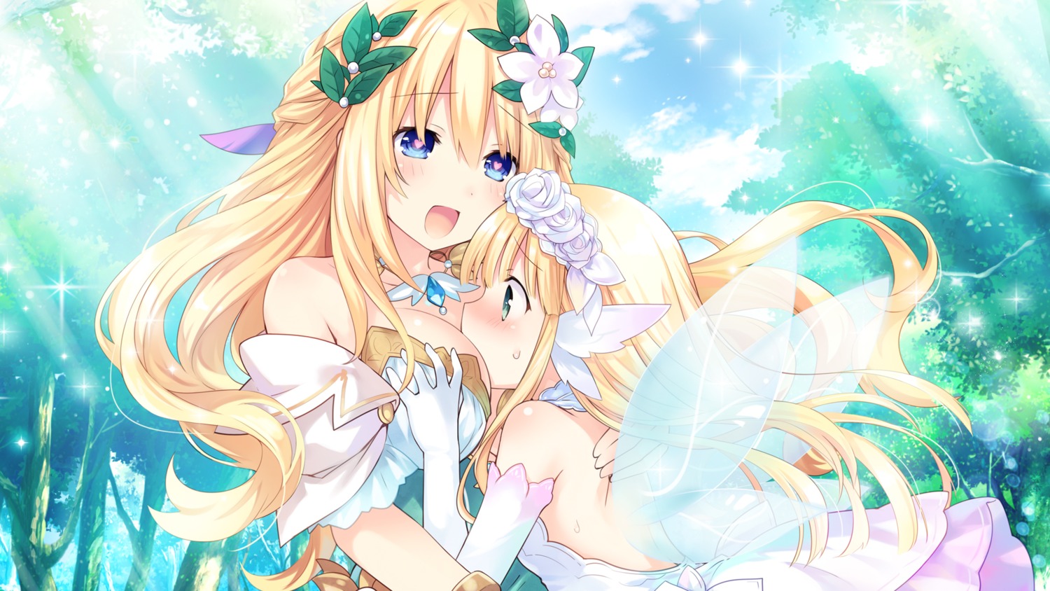 bouquet_(choujigen_game_neptune), breast_hold, choujigen_game_neptune, dress, game_cg, tsunako, vert, wings, yuri
