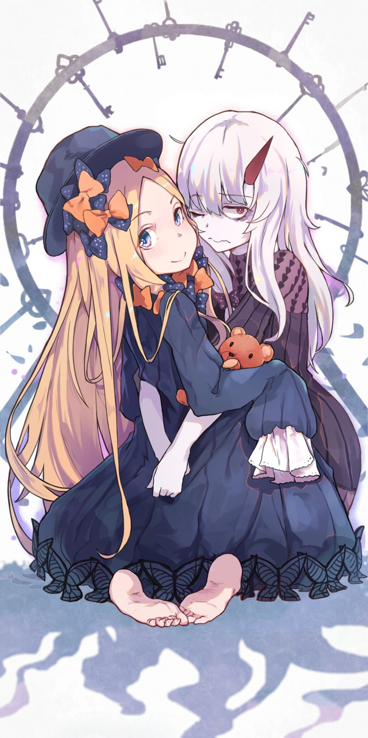 abigail_williams_(fate), dress, fate/grand_order, feet, horns, lavinia_whateley_(fate/grand_order), pantie_painting