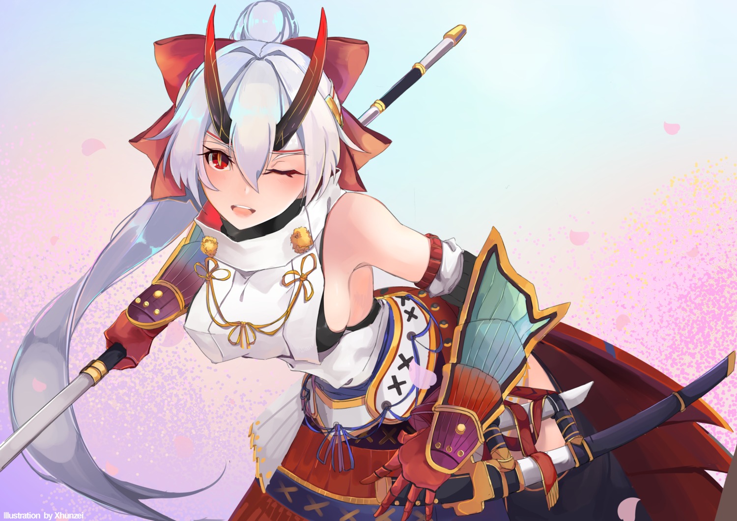 armor, fate/grand_order, horns, sword, tomoe_gozen_(fate), xhunzei
