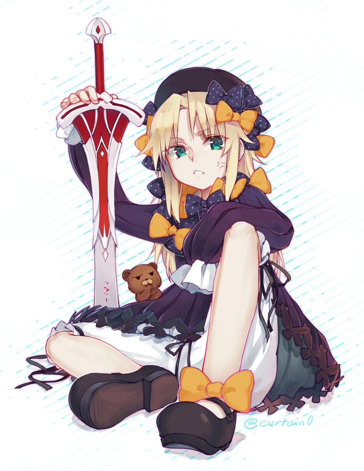abigail_williams_(fate), bloomers, cosplay, curtain, dress, fate/grand_order, mordred_(fate), orion_(fate/grand_order), sword