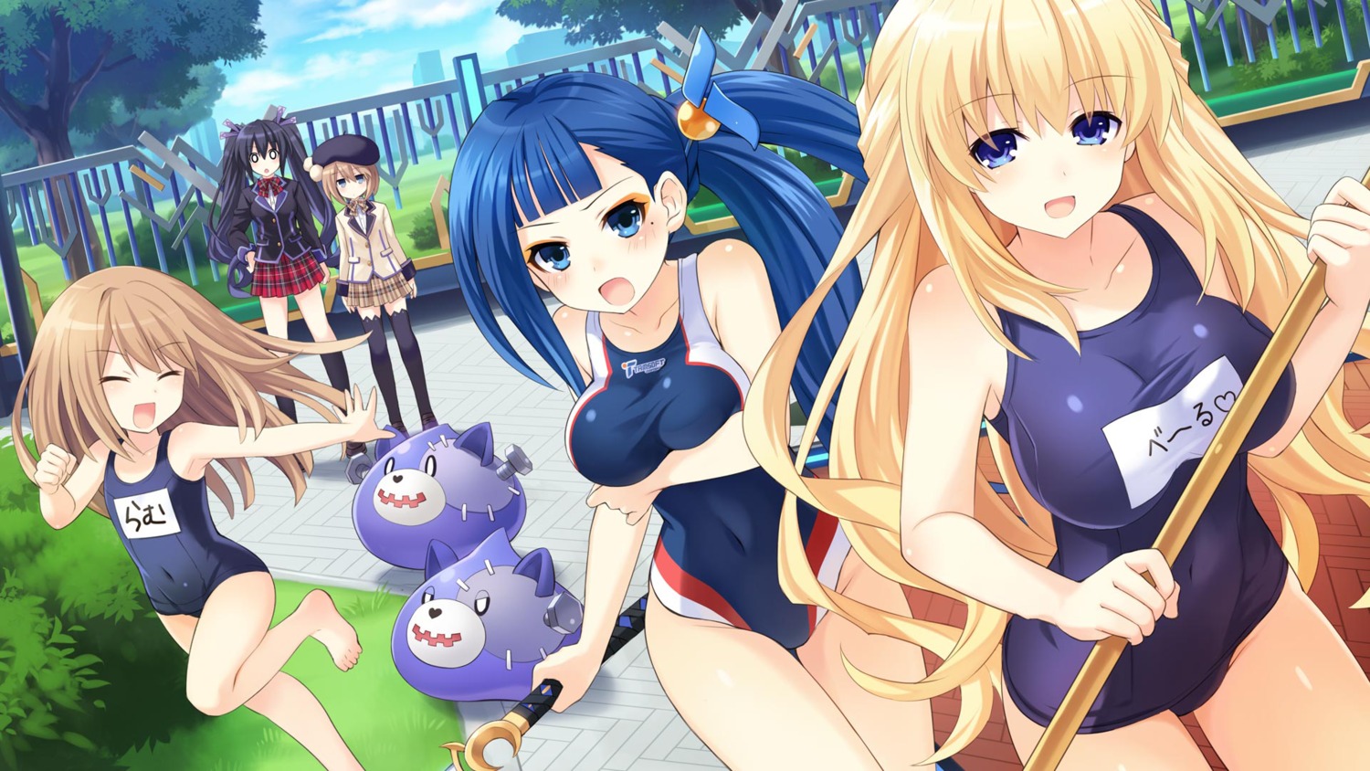 blanc, breast_hold, choujigen_game_neptune, game_cg, noire, ram_(choujigen_game_neptune), school_swimsuit, seifuku, swimsuits, tamsoft_(choujigen_game_neptune), thighhighs, tsunako, vert