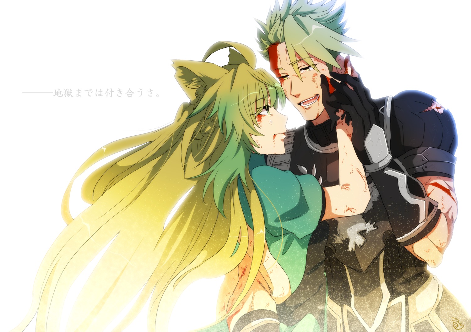 achilles_(fate), animal_ears, armor, atalanta_(fate), blood, dress, fate/apocrypha, fate/stay_night