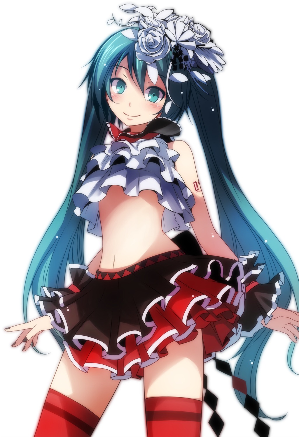 hatsune_miku, nisoku_hokou_(vocaloid), tattoo, thighhighs, tsukishiro_saika, vocaloid