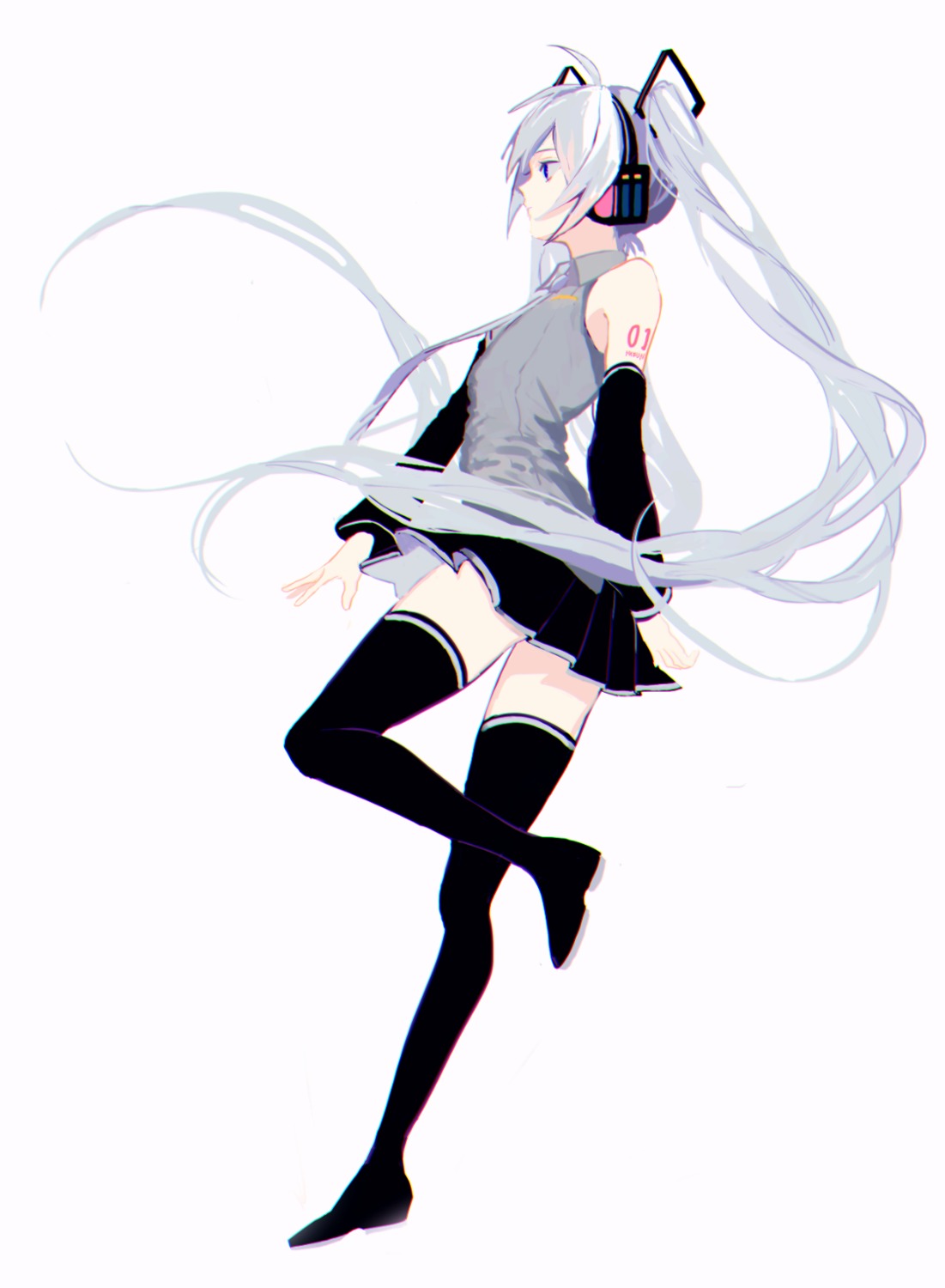 hatsune_miku, headphones, p2, tattoo, thighhighs, vocaloid