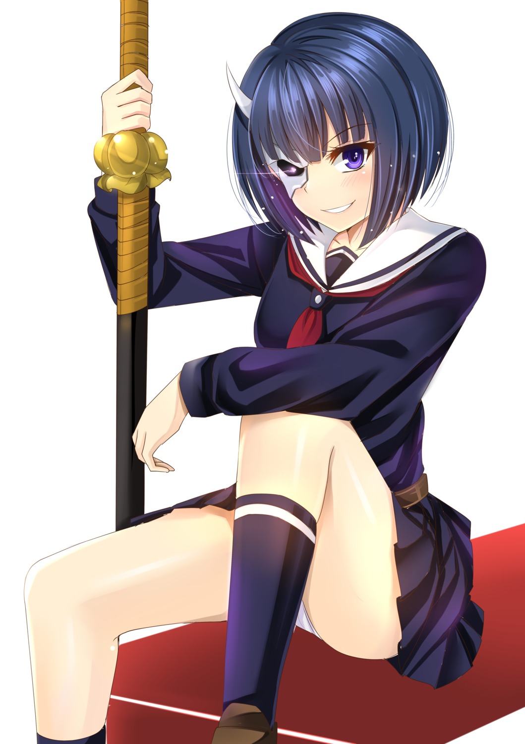 busou_shoujo_machiavellism, horns, onigawara_rin, pantsu, seifuku, sword, tsang_yu_chun