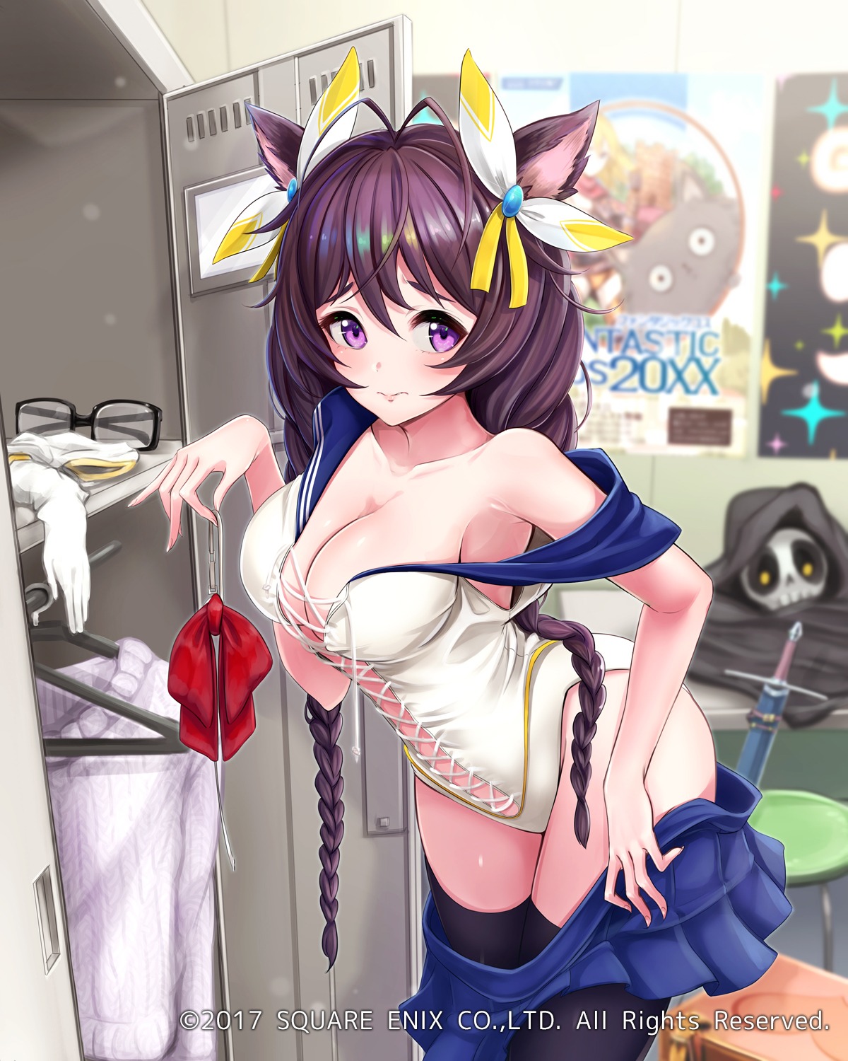 animal_ears, cleavage, leotard, mappaninatta, no_bra, seifuku, sword, thighhighs, undressing, venus_rumble