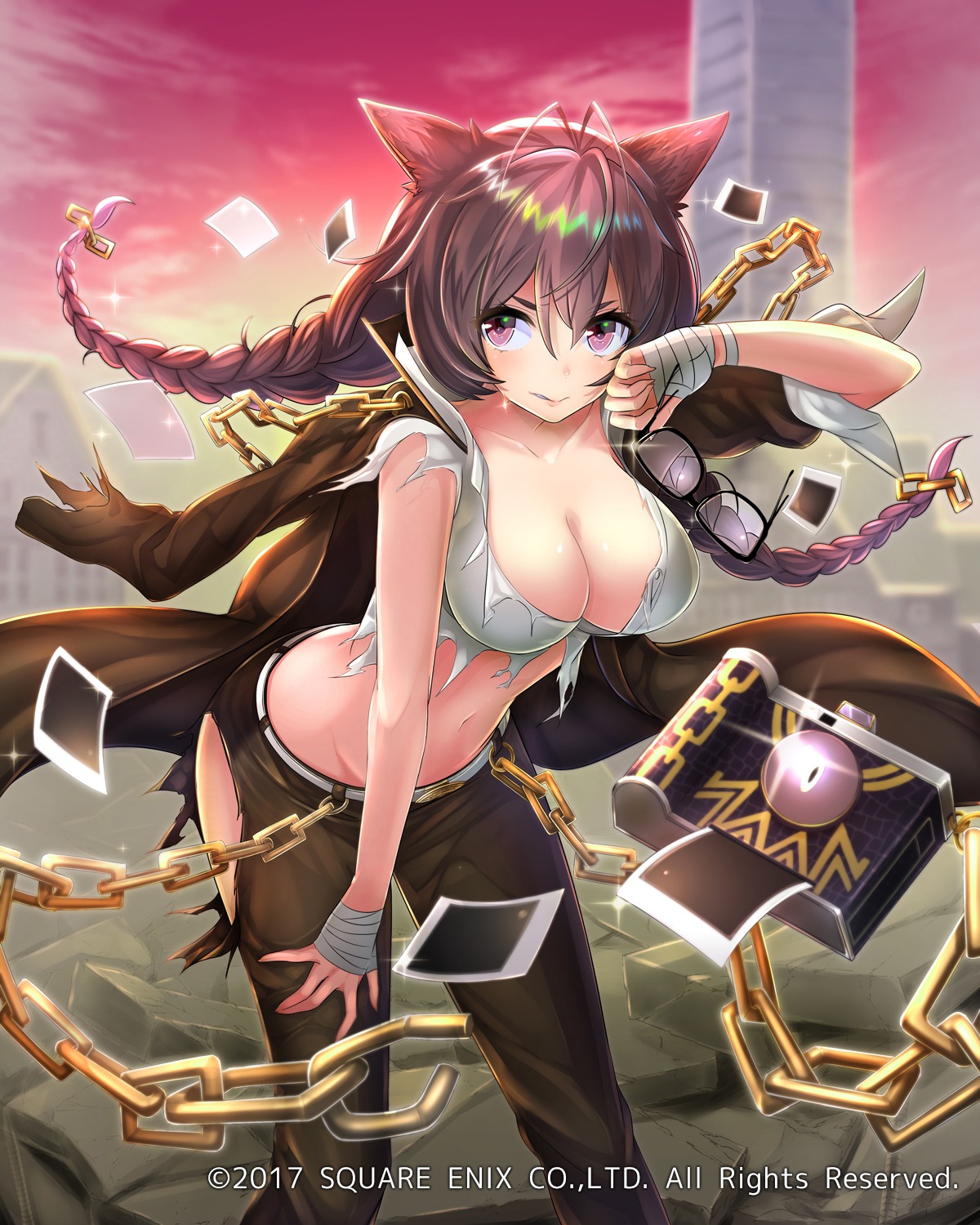 animal_ears, bandages, mappaninatta, megane, open_shirt, torn_clothes, venus_rumble
