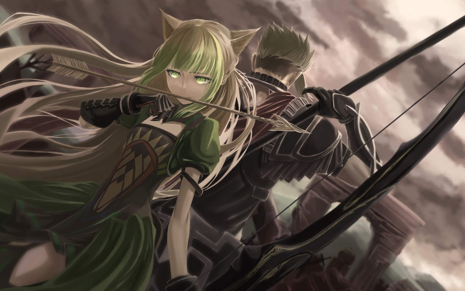 achilles_(fate), animal_ears, armor, atalanta_(fate), cleavage, dress, fate/apocrypha, fate/stay_night
