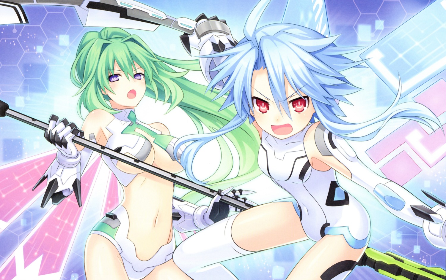 choujigen_game_neptune, choujigen_game_neptune_re;birth_1, green_heart, leotard, no_bra, scanning_artifacts, thighhighs, tsunako