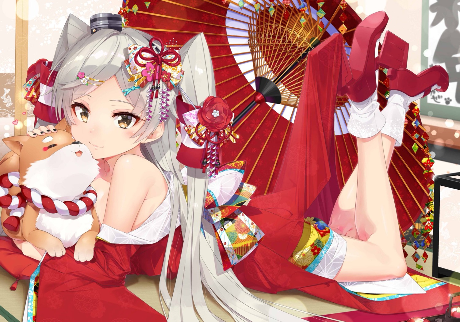 amatsukaze_(kancolle), heels, kantai_collection, kimono, nezumi_doshi, open_shirt, umbrella