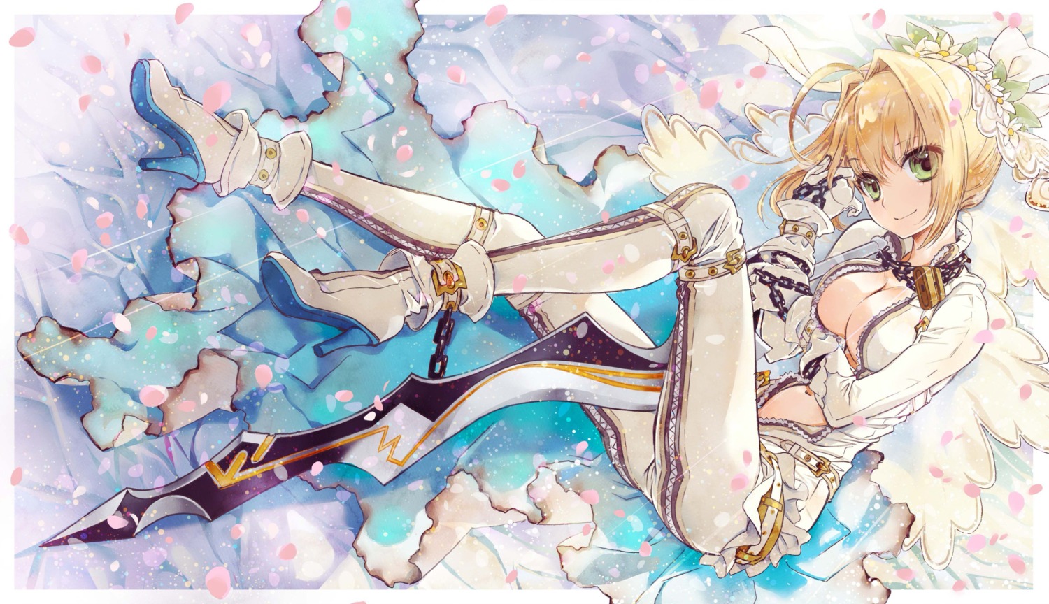 fate/extra, fate/grand_order, fate/stay_night, heels, hosoi_mieko, nero_claudius_(fate), no_bra, open_shirt
