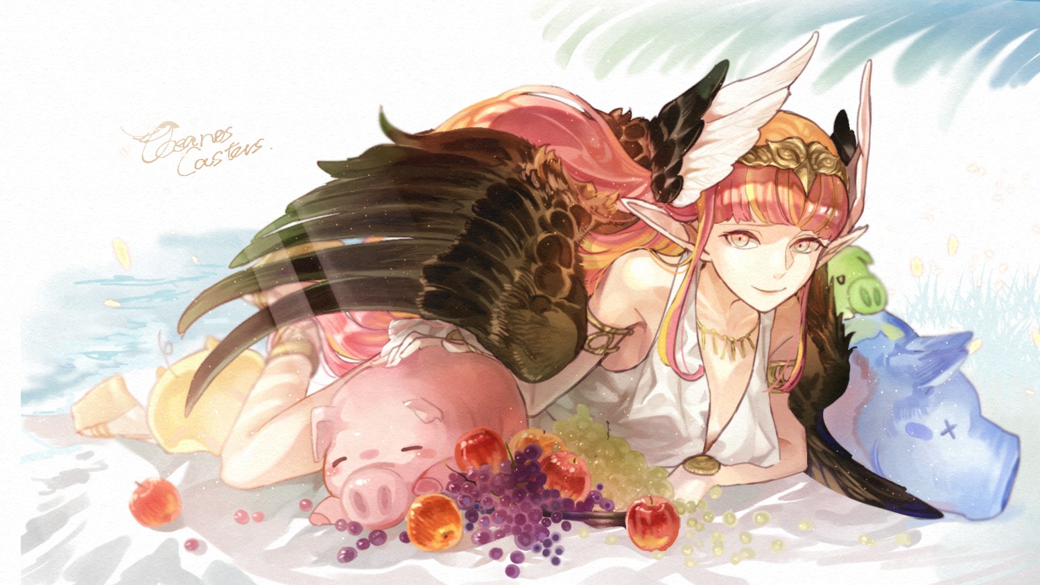 circe, cleavage, dress, fate/grand_order, no_bra, pointy_ears, sugurin, wings