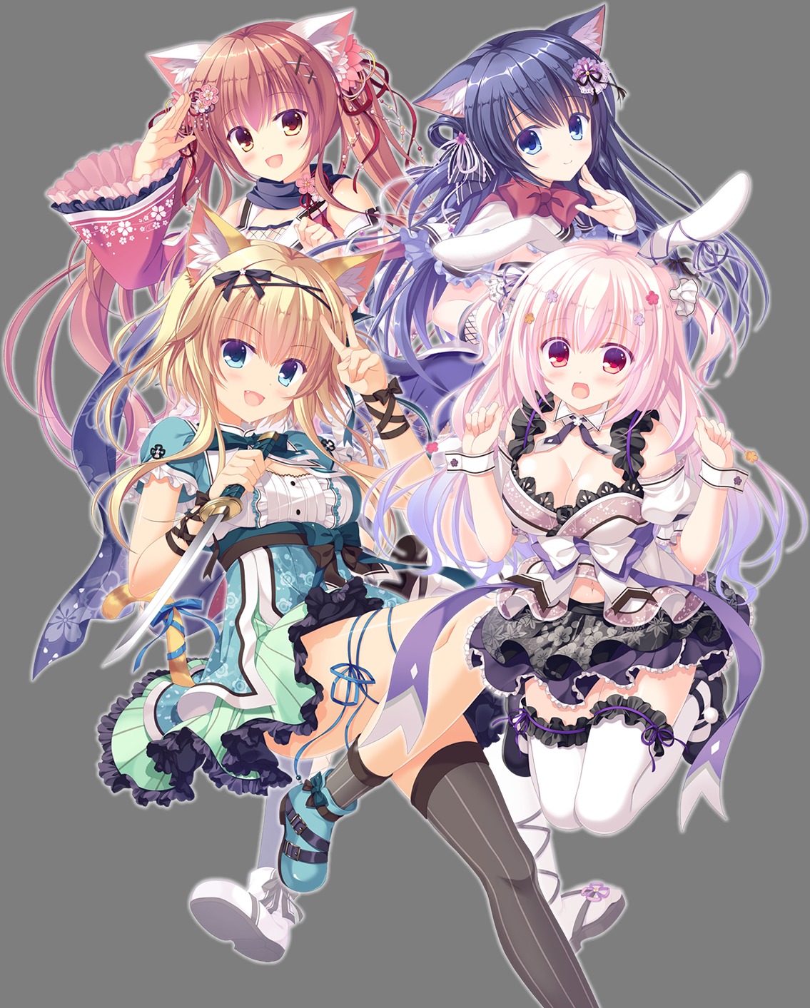 animal_ears, bunny_ears, cleavage, fishnets, fuuma_tama, fuuma_yura, neko-nin_exheart, neko-nin_exheart_2, nekokai_ritsu, nekomimi, nekoyama_maya, skirt_lift, sword, tail, takano_yuki, thighhighs, transparent_png, whirlpool