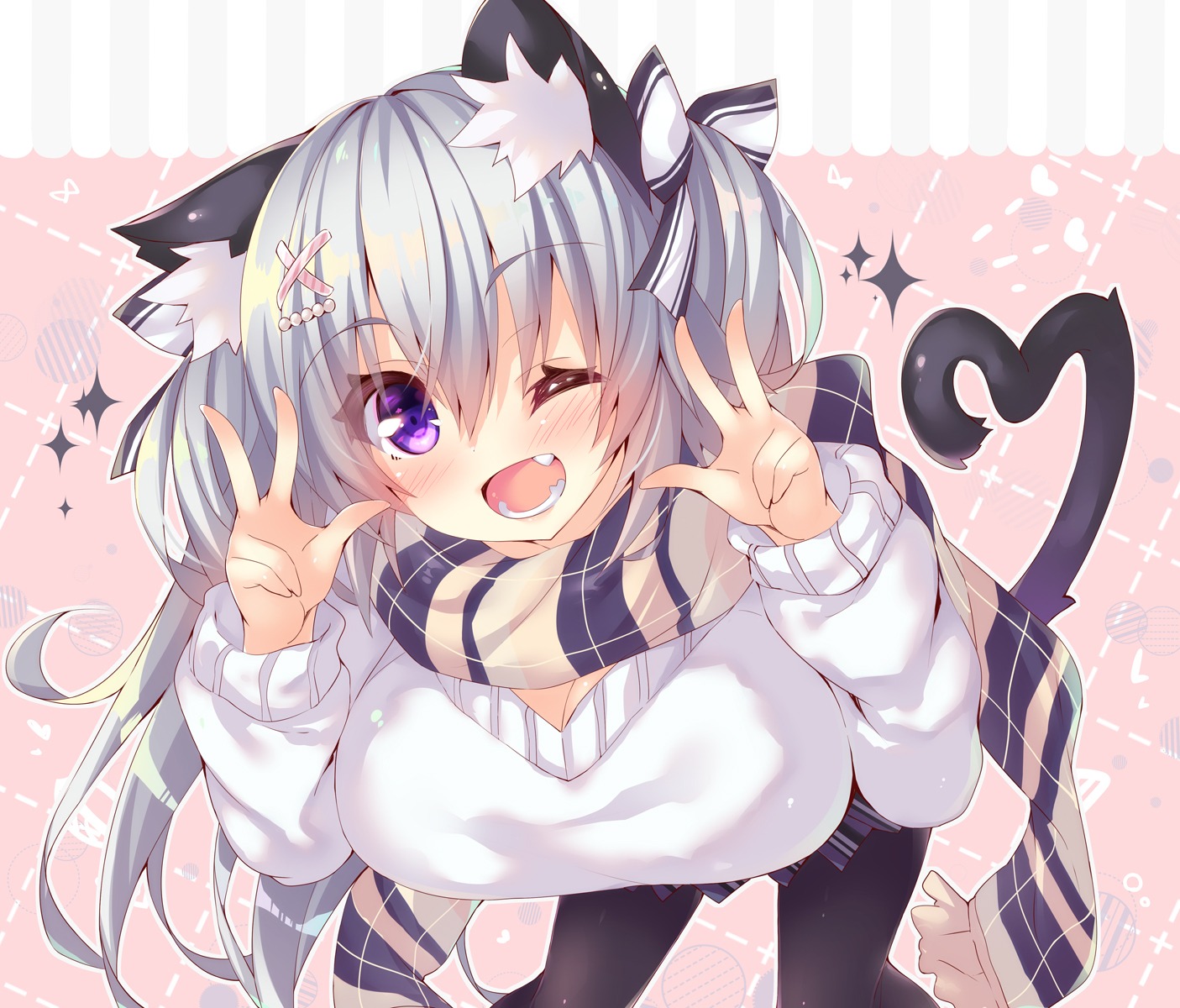 animal_ears, cleavage, nekomimi, ojitea, sweater, tail