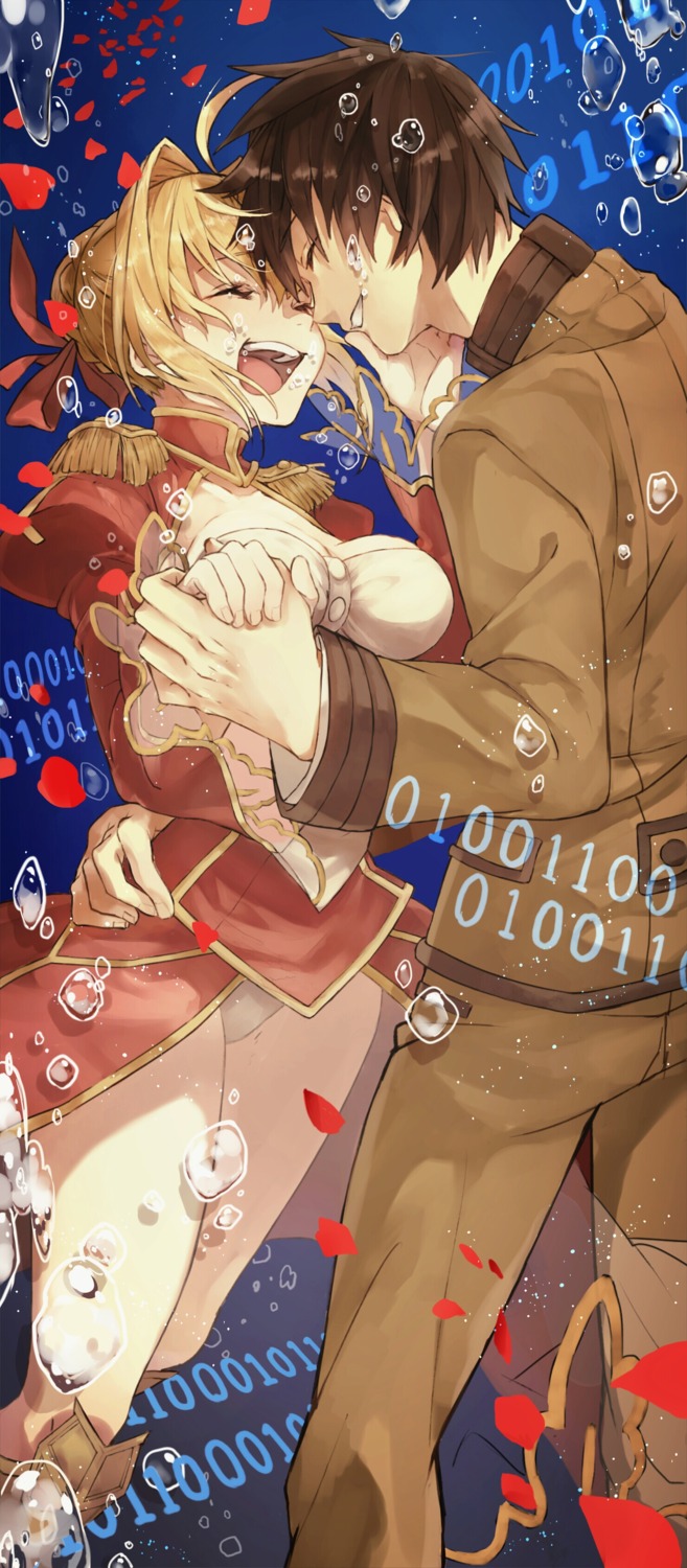 armor, bun_(lv1_bun), cleavage, dress, fate/extra, fate/extra_last_encore, fate/stay_night, kishinami_hakuno_(male), nero_claudius_(fate), pantsu, see_through, seifuku
